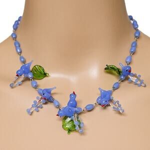Vintage Murano Venetian Glass Tutti Frutti Birds Necklace Periwinkle Blue Read